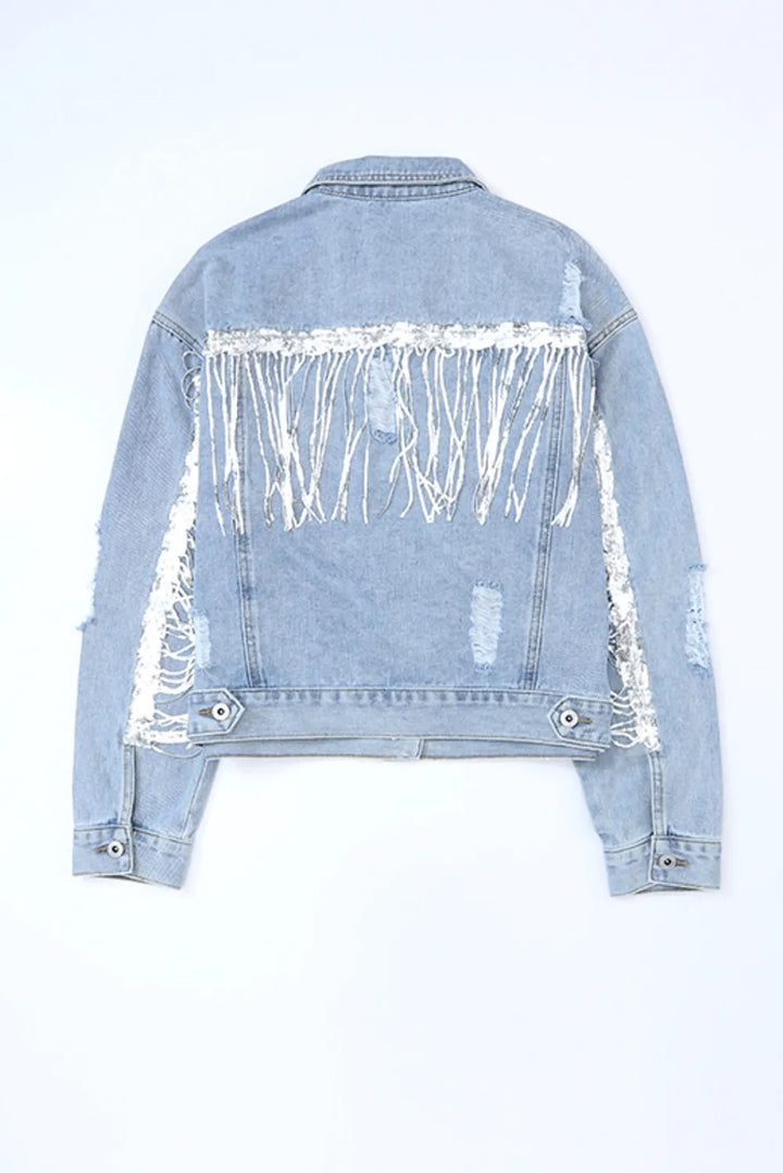 Sequin Fringe Trim Distressed Button Up Denim Jacket | Denim Jackets Daverri Fashions