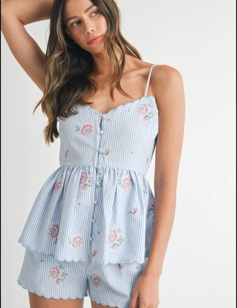 MABLE Stripe Embroidered Peplum Cami and Shorts Set | Outfit Sets Daverri Fashions