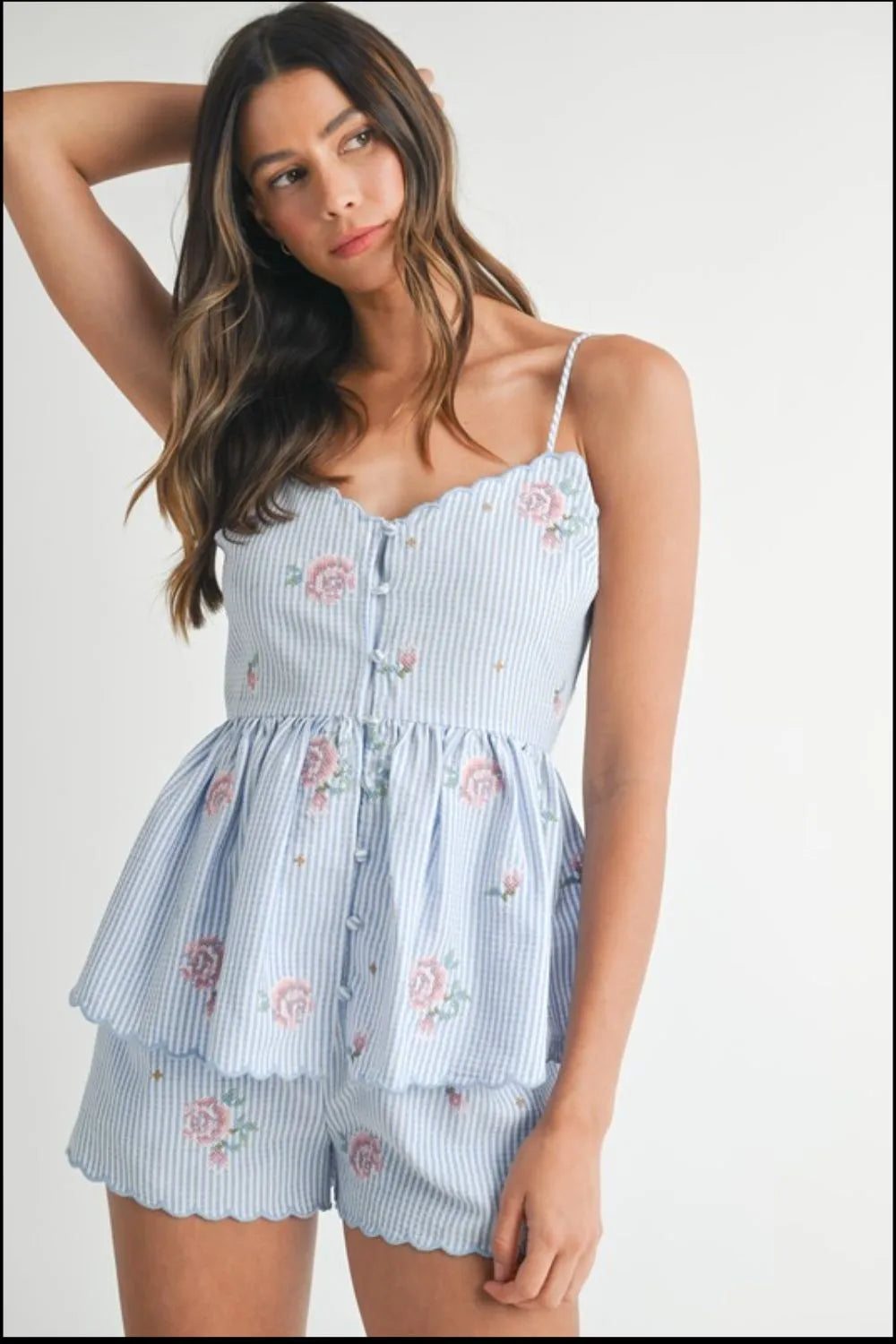 MABLE Stripe Embroidered Peplum Cami and Shorts Set Shorts Sets