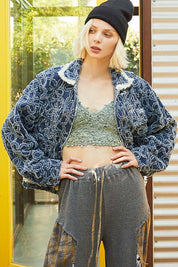 Flower Textured Raw Hem Long Sleeve Denim Jacket Jackets