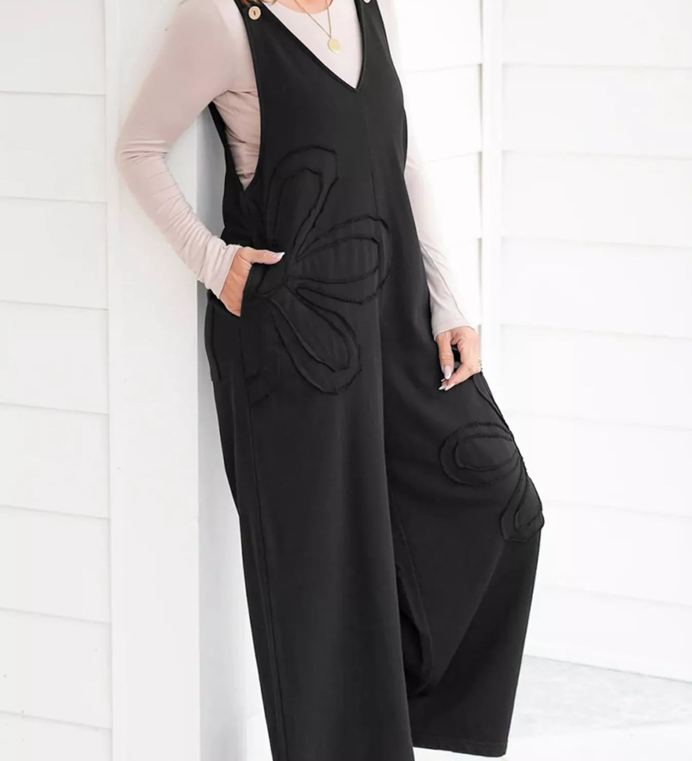 Black V-Neck Wide Leg Jumpsuit | Jumpsuits Daverri Fashions