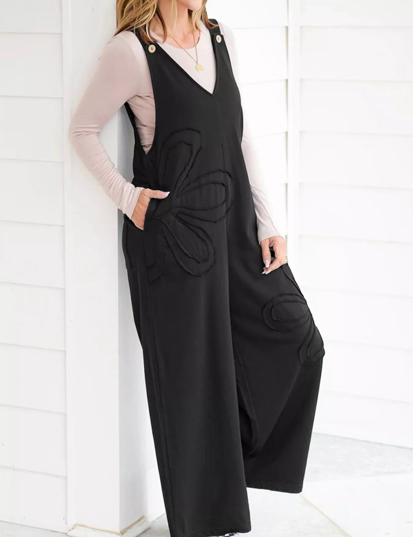 Black V-Neck Wide Leg Jumpsuit | Jumpsuits Daverri Fashions
