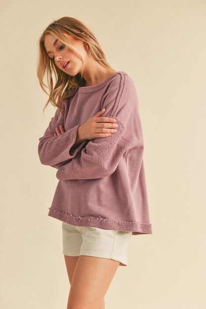Aemi + Co Frayed Edge Round Neck Sweatshirt - DAVERRI FASHIONS