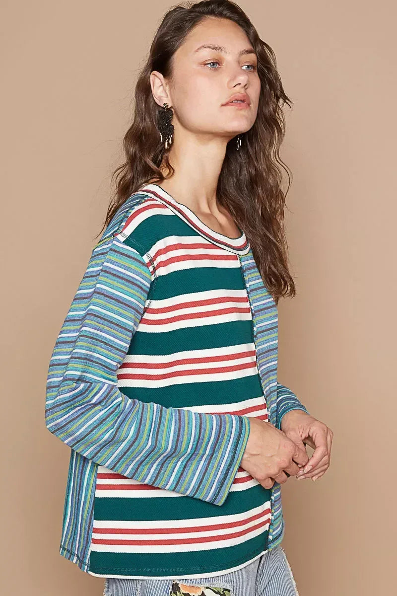 POL Color Block Striped Round Neck Long Sleeve T-Shirt - DAVERRI FASHIONS