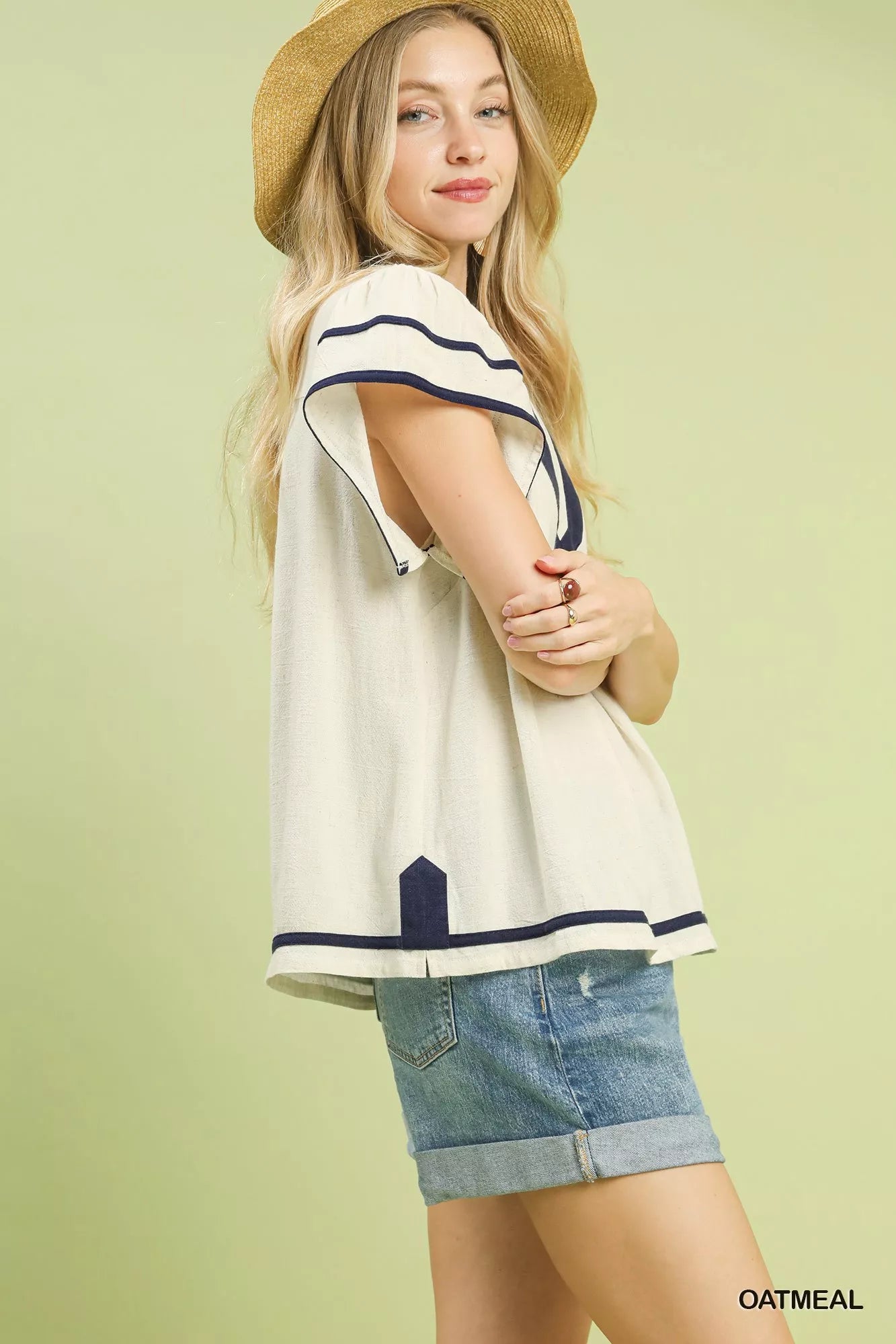 Umgee linen ruffle sleeve top in cream with navy nautical trim
