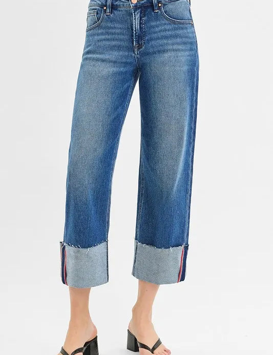 RISEN Full Size Tummy Control Mid Rise Crop Wide Cuffed Jeans Plus Size | Jeans Daverri Fashions