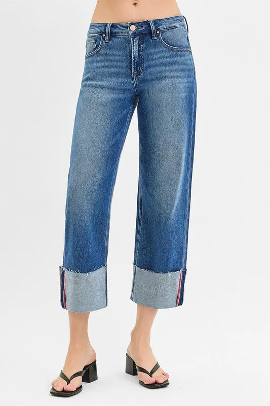 RISEN Full Size Tummy Control Mid Rise Crop Wide Cuffed Jeans Plus Size Jeans