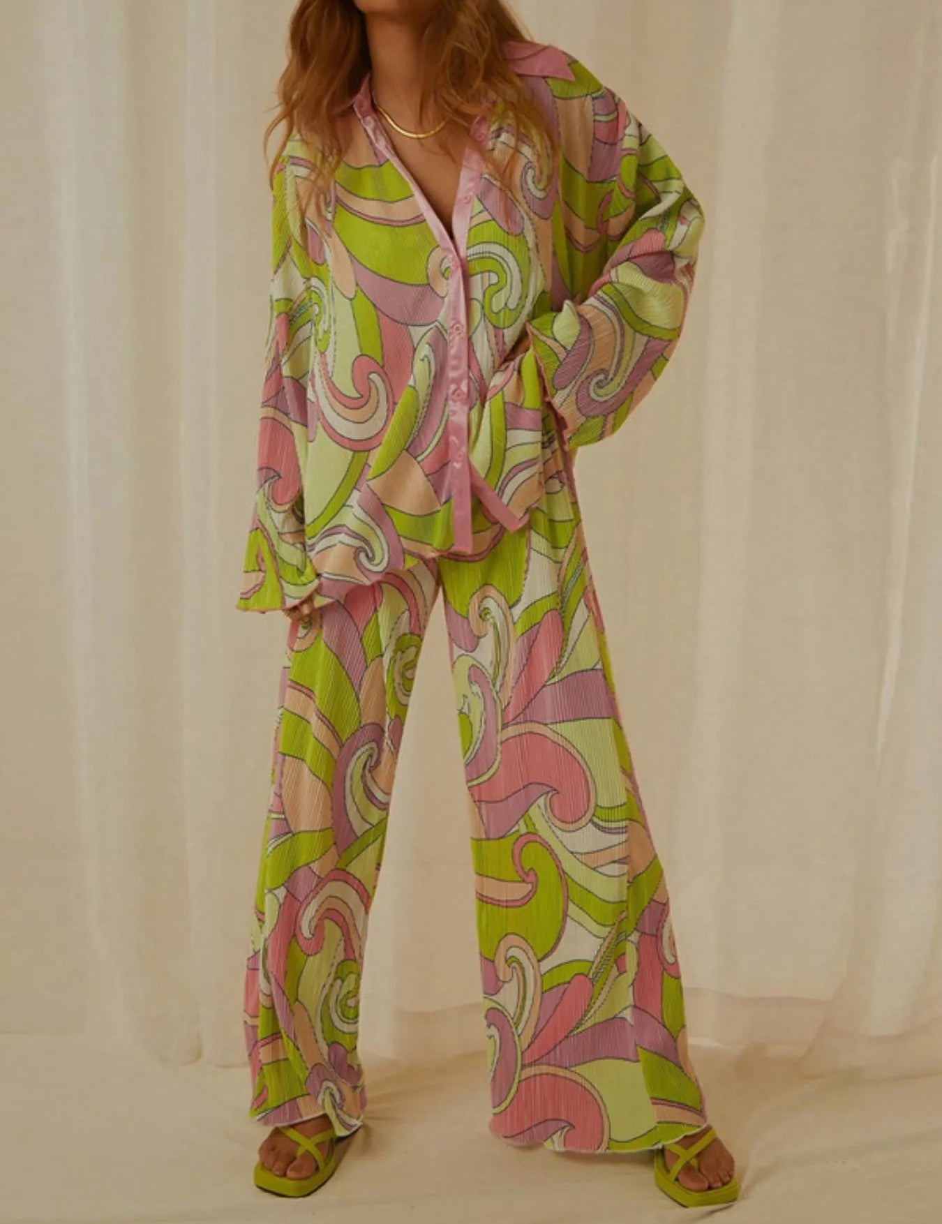 Printed Button Up Shirt and Pants Set | Loungewear Sets Daverri Fashions