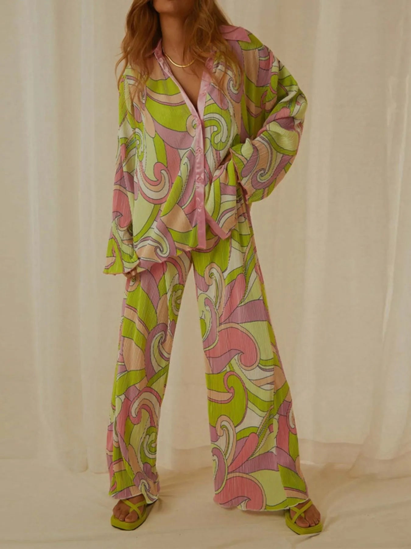 Printed Button Up Shirt and Pants Set | Loungewear Sets Daverri Fashions