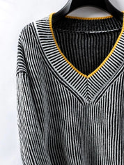 Striped V-Neck Long Sleeve Sweater | Sweaters Daverri Fashions