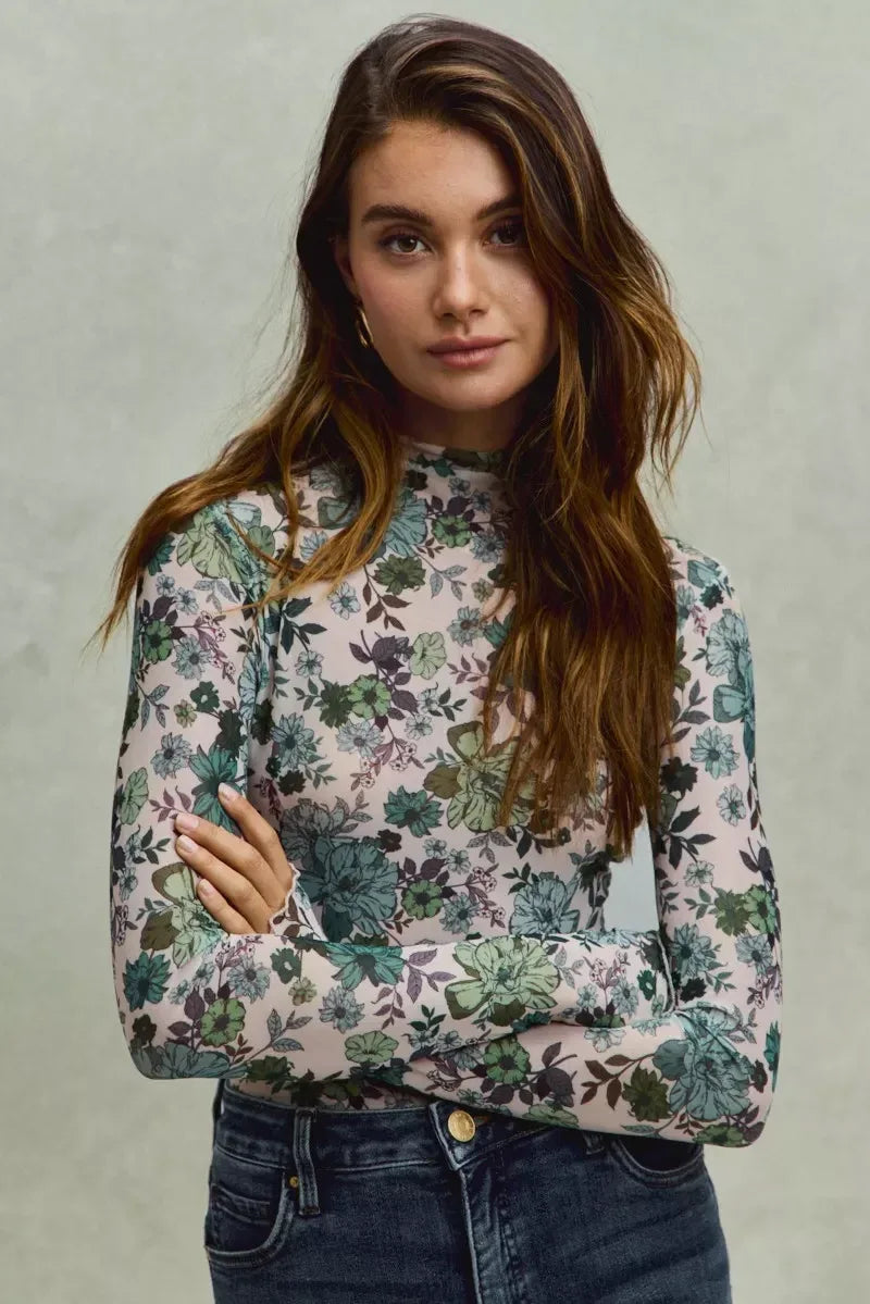 SO ME Floral Print Mesh Knit Long Sleeves Top - DAVERRI FASHIONS