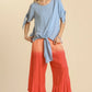 Umgee Cold Shoulder Short Sleeve Round Neck Top with Side Slits and Tie-able Knot Details