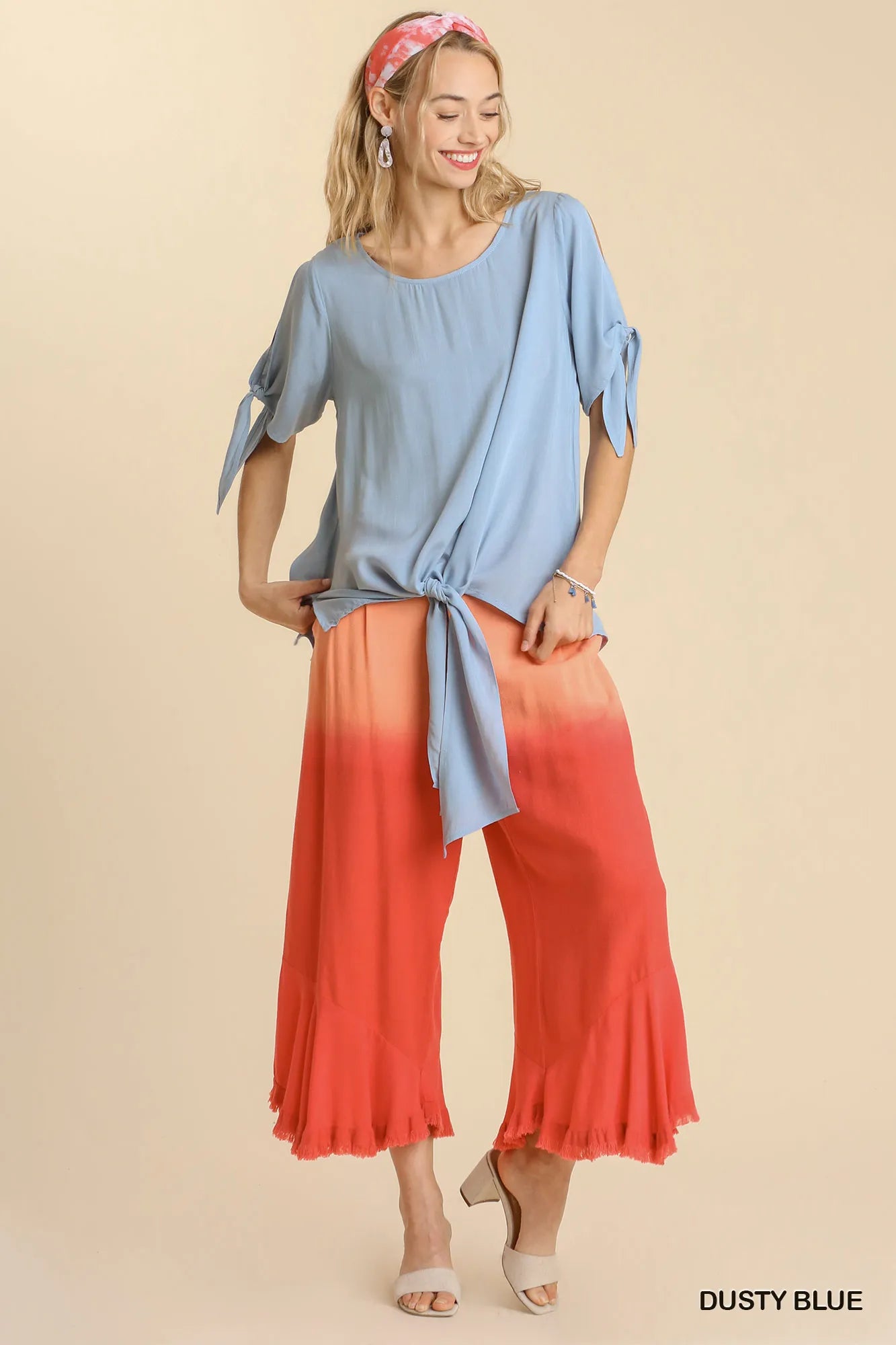 Umgee Cold Shoulder Short Sleeve Round Neck Top with Side Slits and Tie-able Knot Details