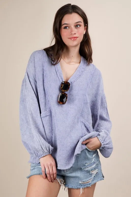 VERY J Plus Size Washed Cotton Gauze Oversized Top | Blouses Daverri Fashions