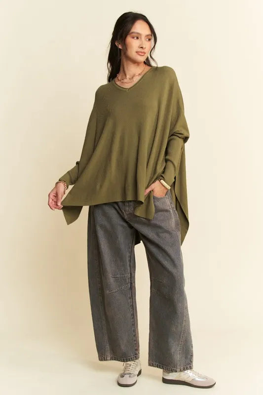 Davi & Dani High-Low Side Slit Batwing Sleeve Top | Knit Tops Daverri Fashions