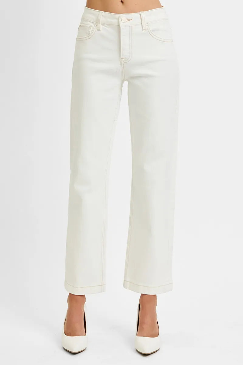 RISEN Full Size Tummy Control Mid Rise Ankle Straight Jeans Plus Size CREAM