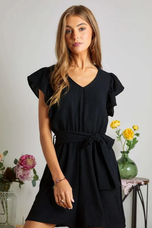 ADORA Ruffle Sleeves Romper with Pockets BLACK Rompers