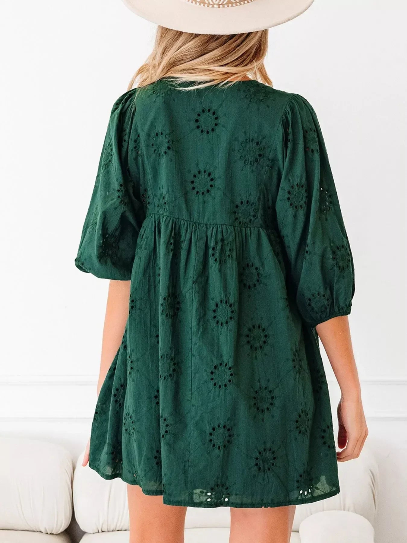 Embroidered Eyelet Pattern 3/4 Puffy Sleeve Swing Mini Dress - DAVERRI FASHIONS