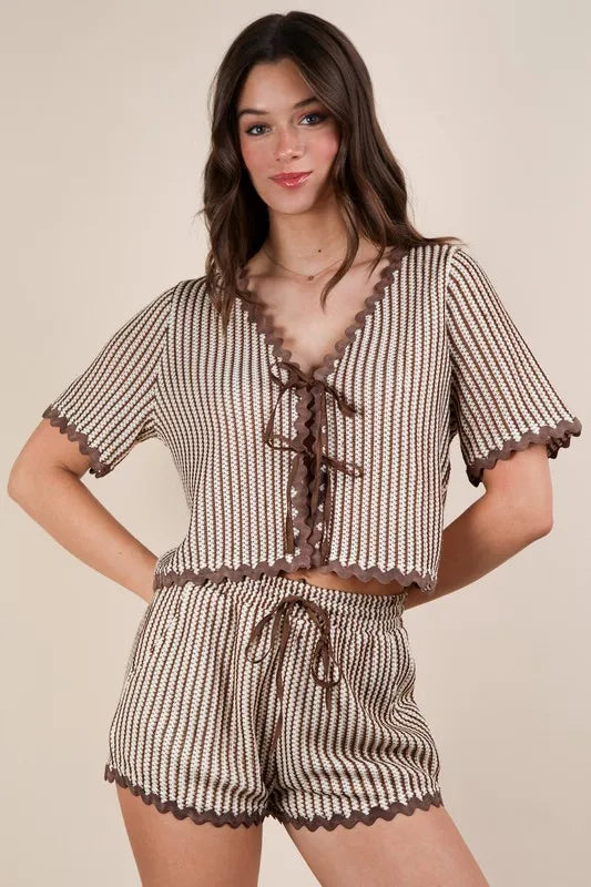 VERY J Wave Trim Detail Knit Top & Shorts Set Taupe M Outfit Sets