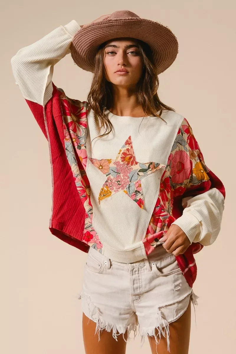 BiBi Floral Print Mixed Star Patch Round Neck Sweatshirt - DAVERRI FASHIONS