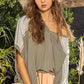 POL Oversize V-Neck Crochet Lace Contrast Studded Top Olive