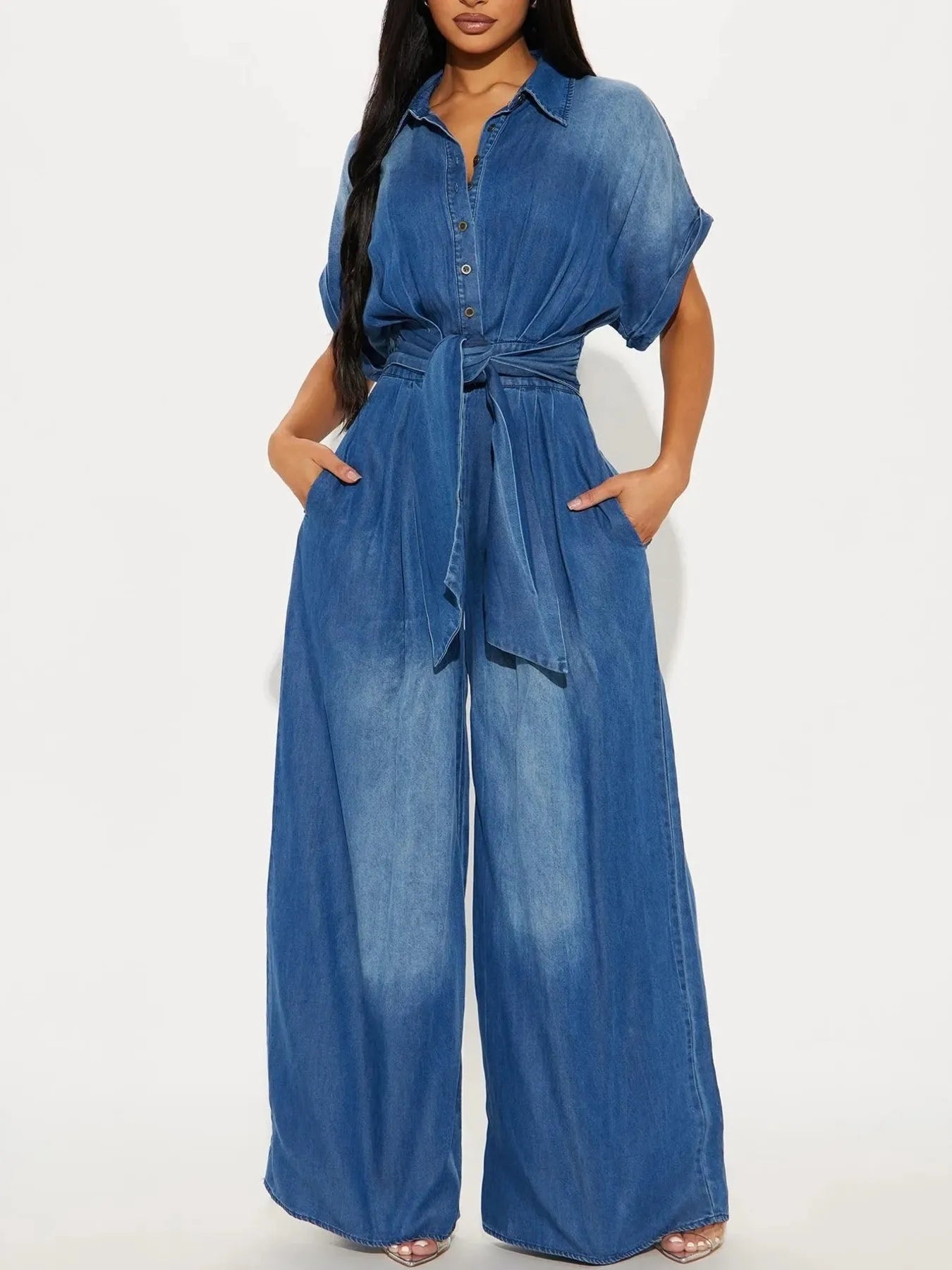 Daverri Fashions blue button-front wide-leg denim jumpsuit