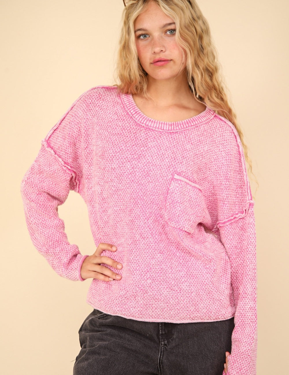 VERY J Mineral Washed Exposed Seam Sweater Pink Tops