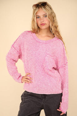 VERY J Mineral Washed Exposed Seam Sweater Pink - DAVERRI FASHIONS