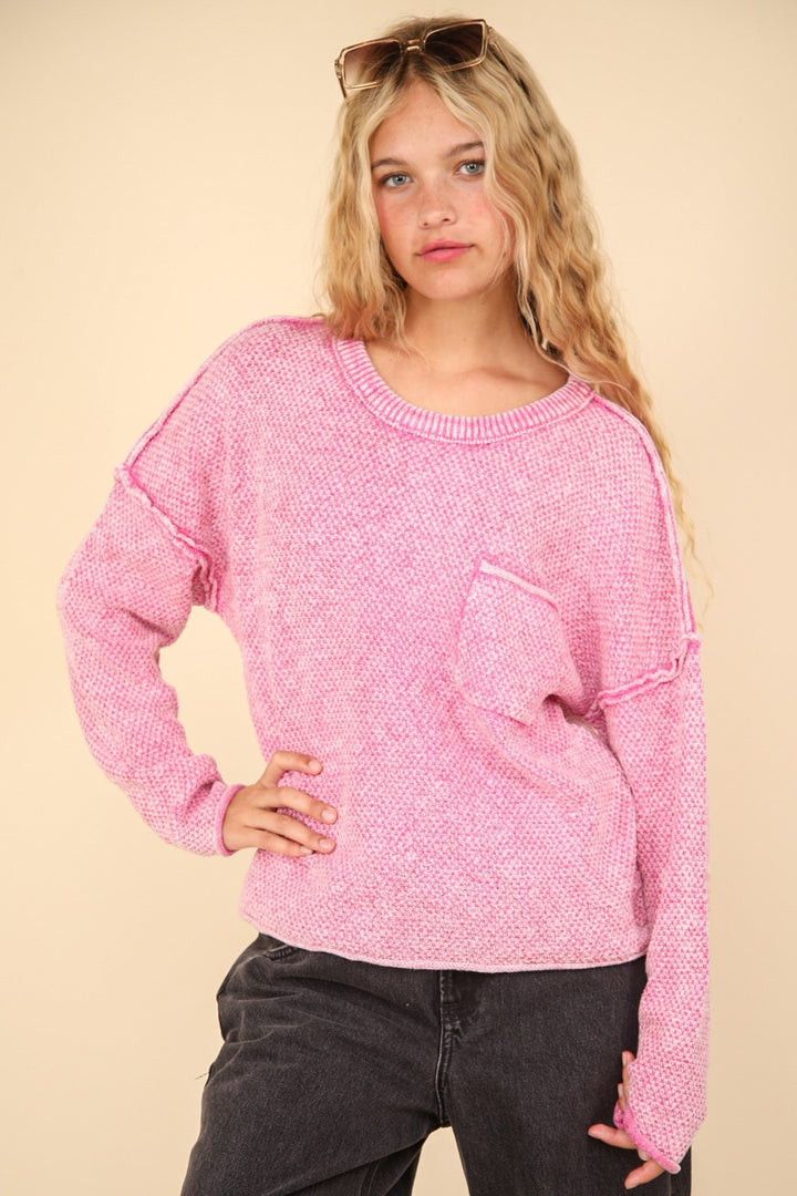 VERY J Mineral Washed Exposed Seam Sweater Pink Tops