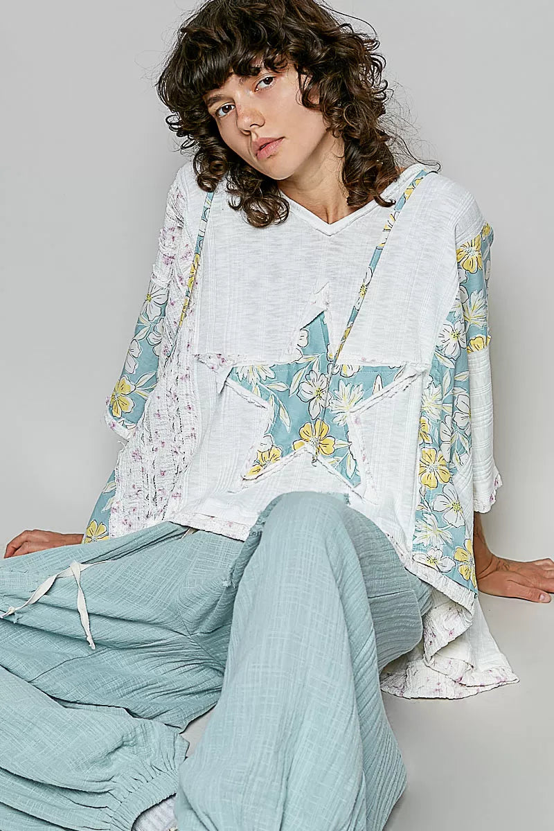 POL Floral Star Patch Hooded Blouse with lace details and floral patchwork
