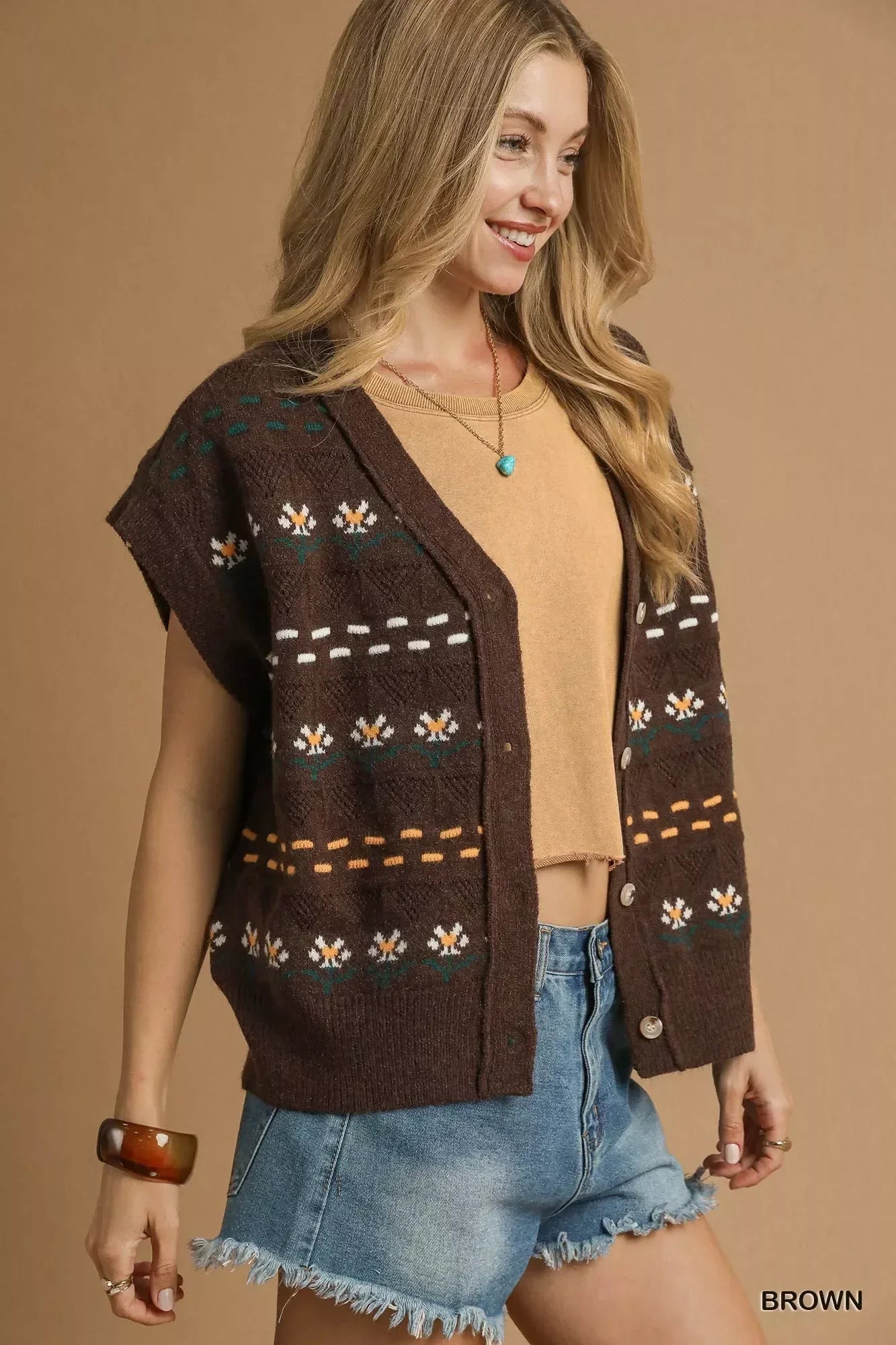 Umgee Button-Down Knit Vest with Floral Pattern - DAVERRI FASHIONS