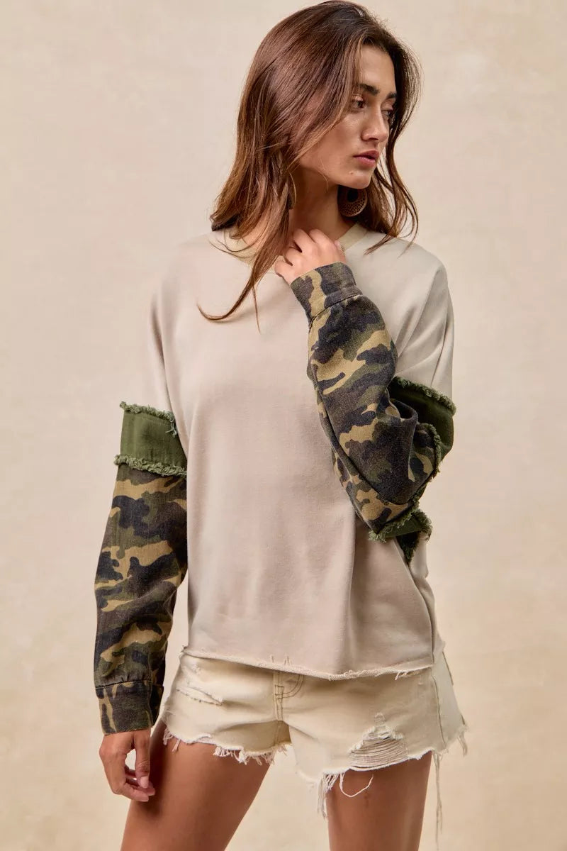 BiBi Camo Sleeve French Terry Top with Frayed Edge | Daverri Fashions