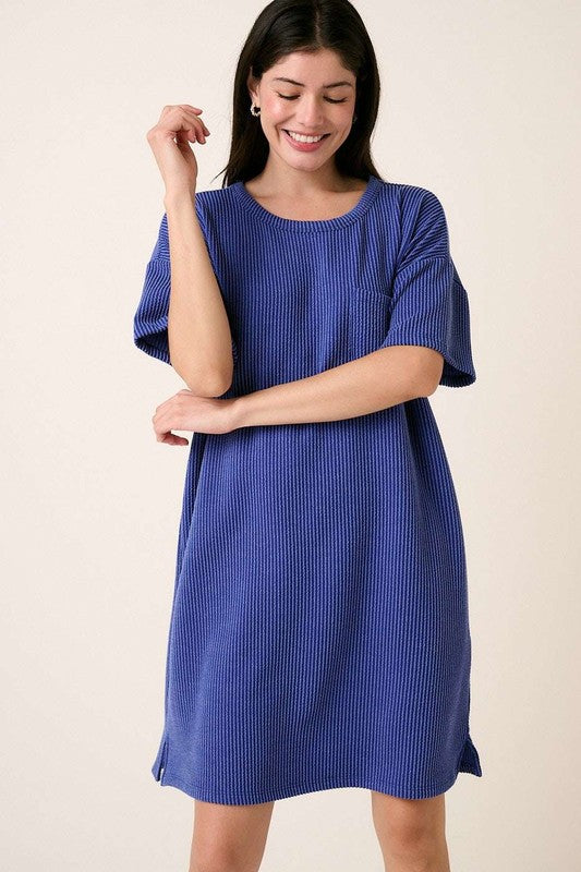 Mittoshop Urban Rib Knit Short Sleeve Tee Dress Royal Blue