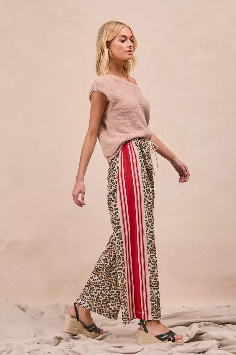 BiBi Leopard Print Pants with red white side stripes and tucking pockets