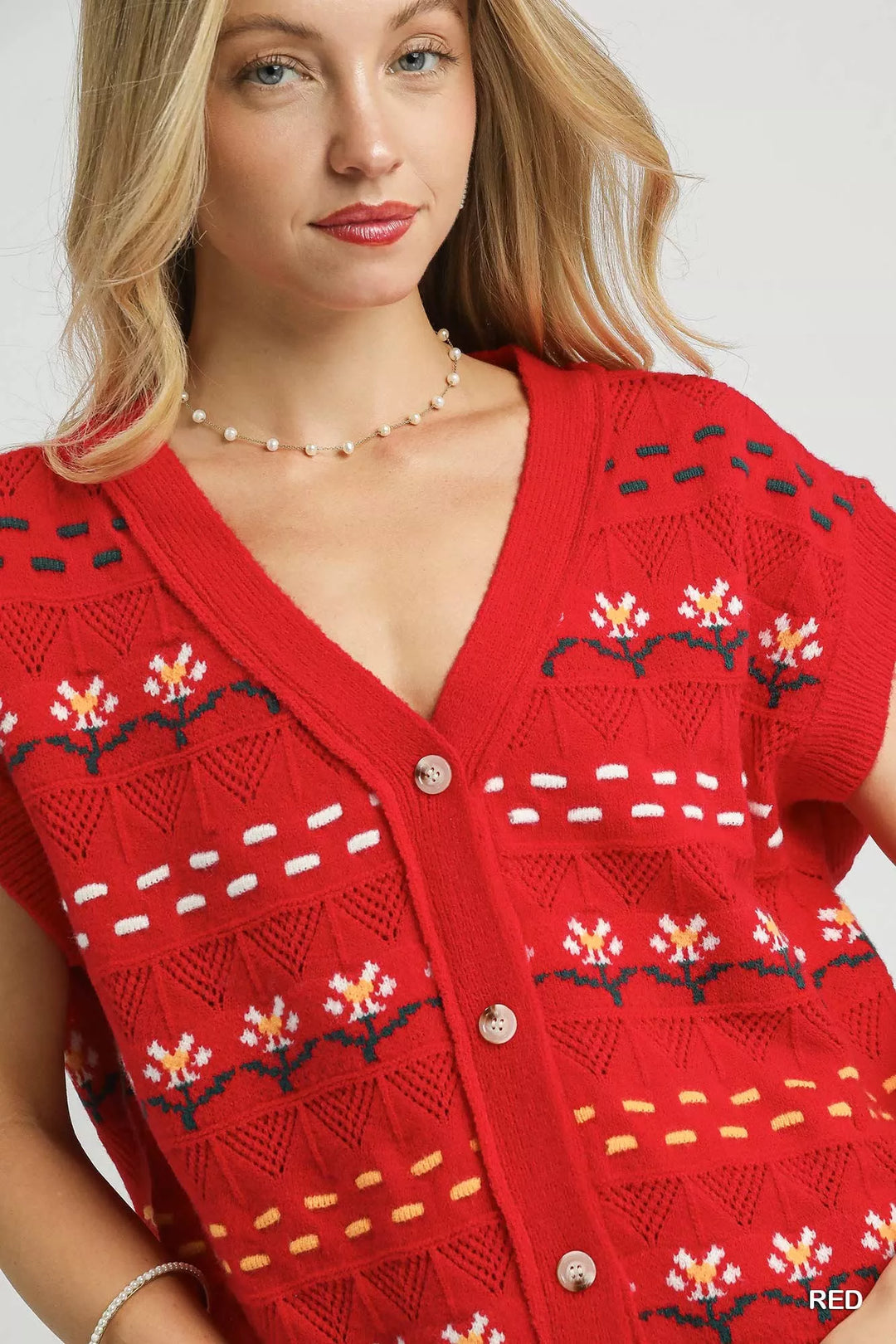 Umgee Button-Down Knit Vest with Floral Pattern | Daverri Fashions