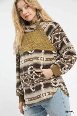Umgee Aztec Print Sherpa Pullover - DAVERRI FASHIONS