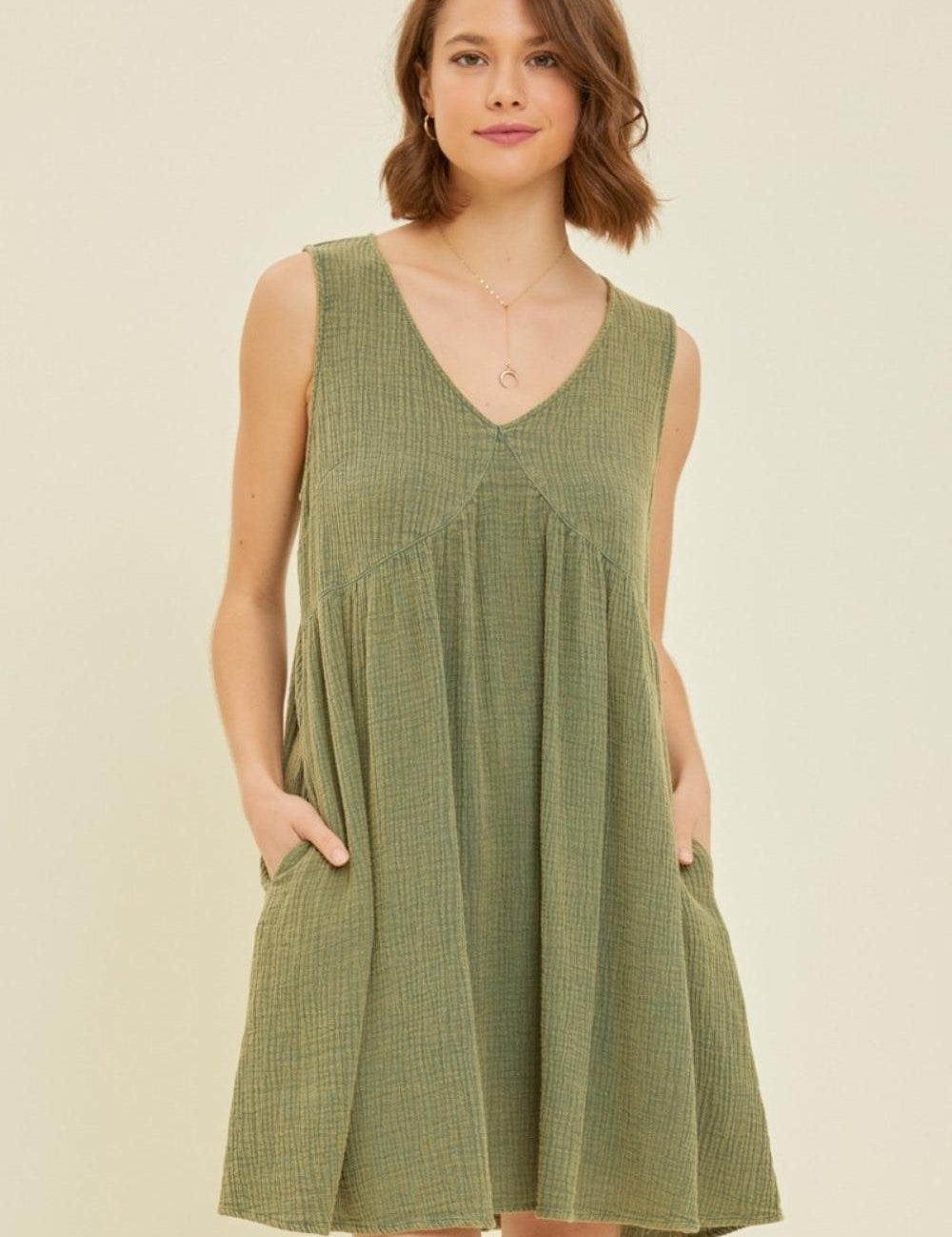 HEYSON Full Size Texture V-Neck Sleeveless Flare Mini Dress Green