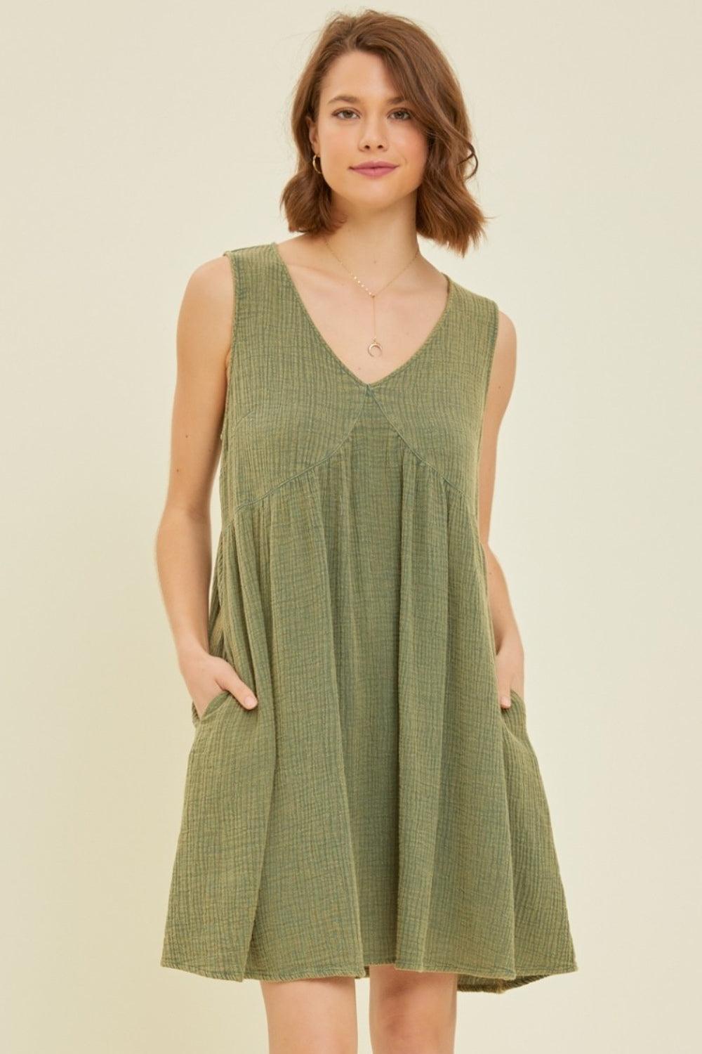 HEYSON Full Size Texture V-Neck Sleeveless Flare Mini Dress Green