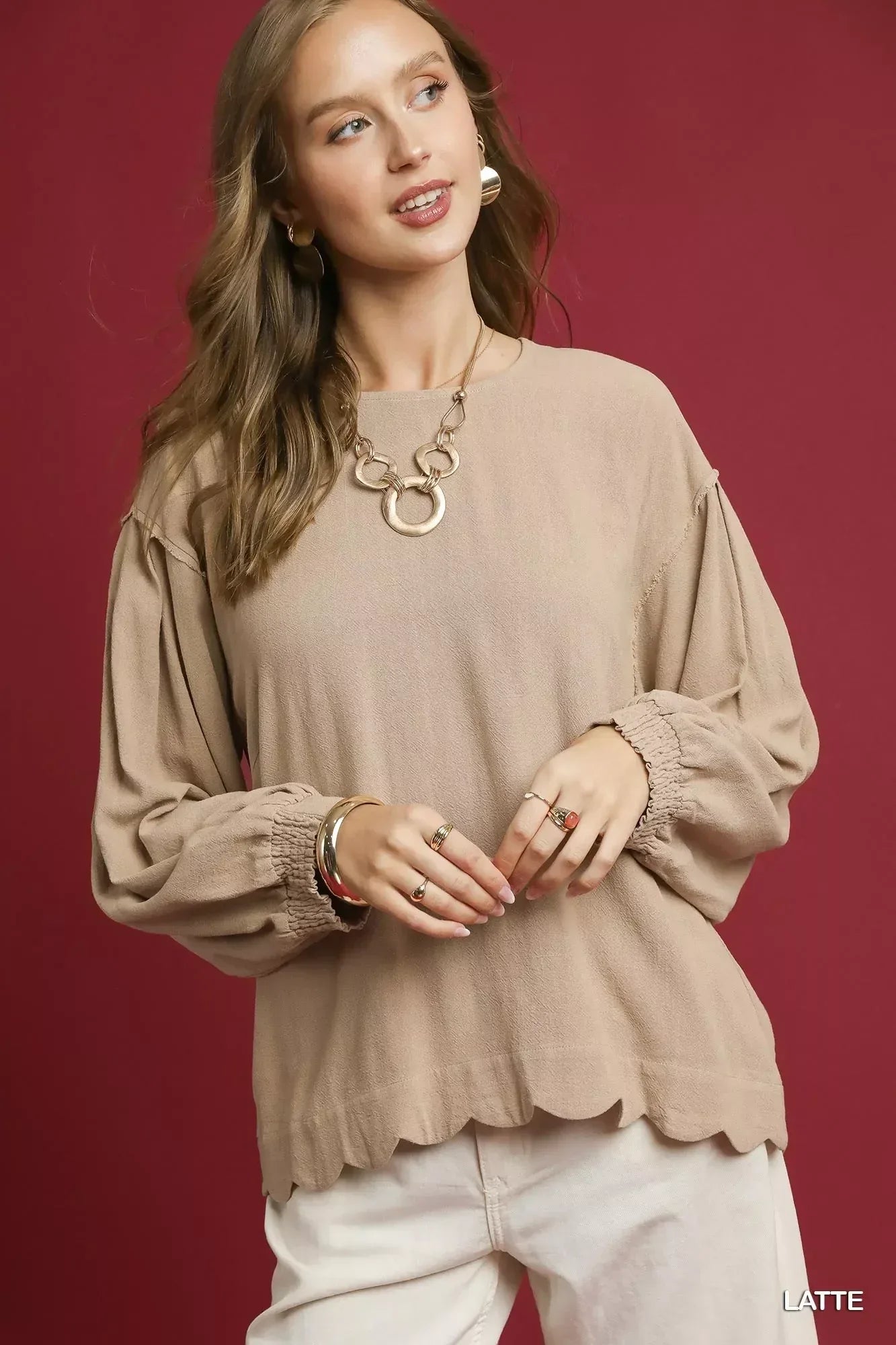 Umgee Linen Scallop Hem Long Sleeve Blouse - DAVERRI FASHIONS