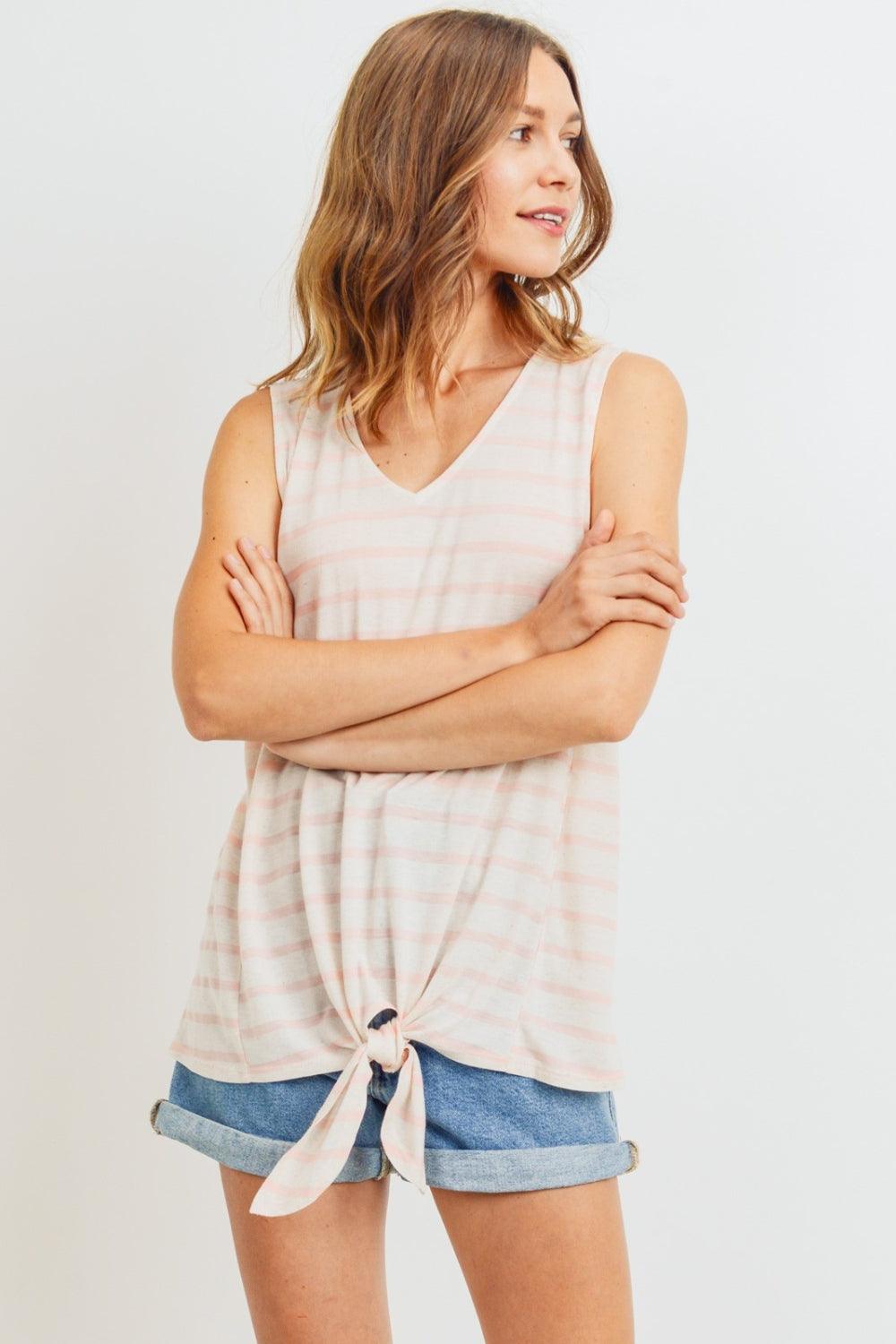 Cotton Bleu by Nu Label Sleeveless Front Tie Striped Top Coral Tank Tops