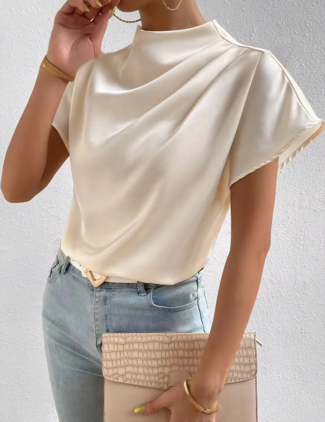 Cream Mock Neck Short Sleeve Blouse | Blouses Daverri Fashions