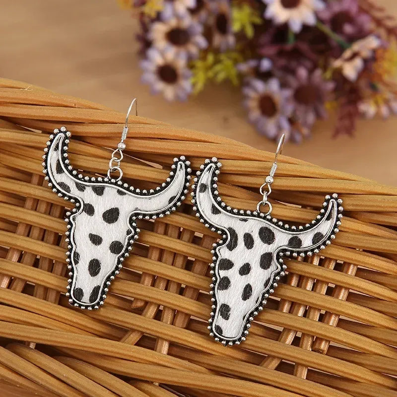 Alloy Animal Print Cow Head Earrings - DAVERRI FASHIONS