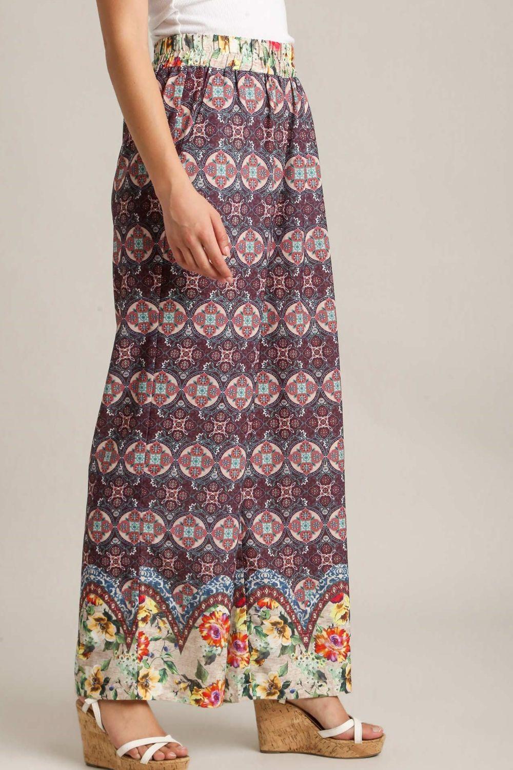Umgee Full Size Mixed Print Elastic Waistband Pants Plus Size Pants