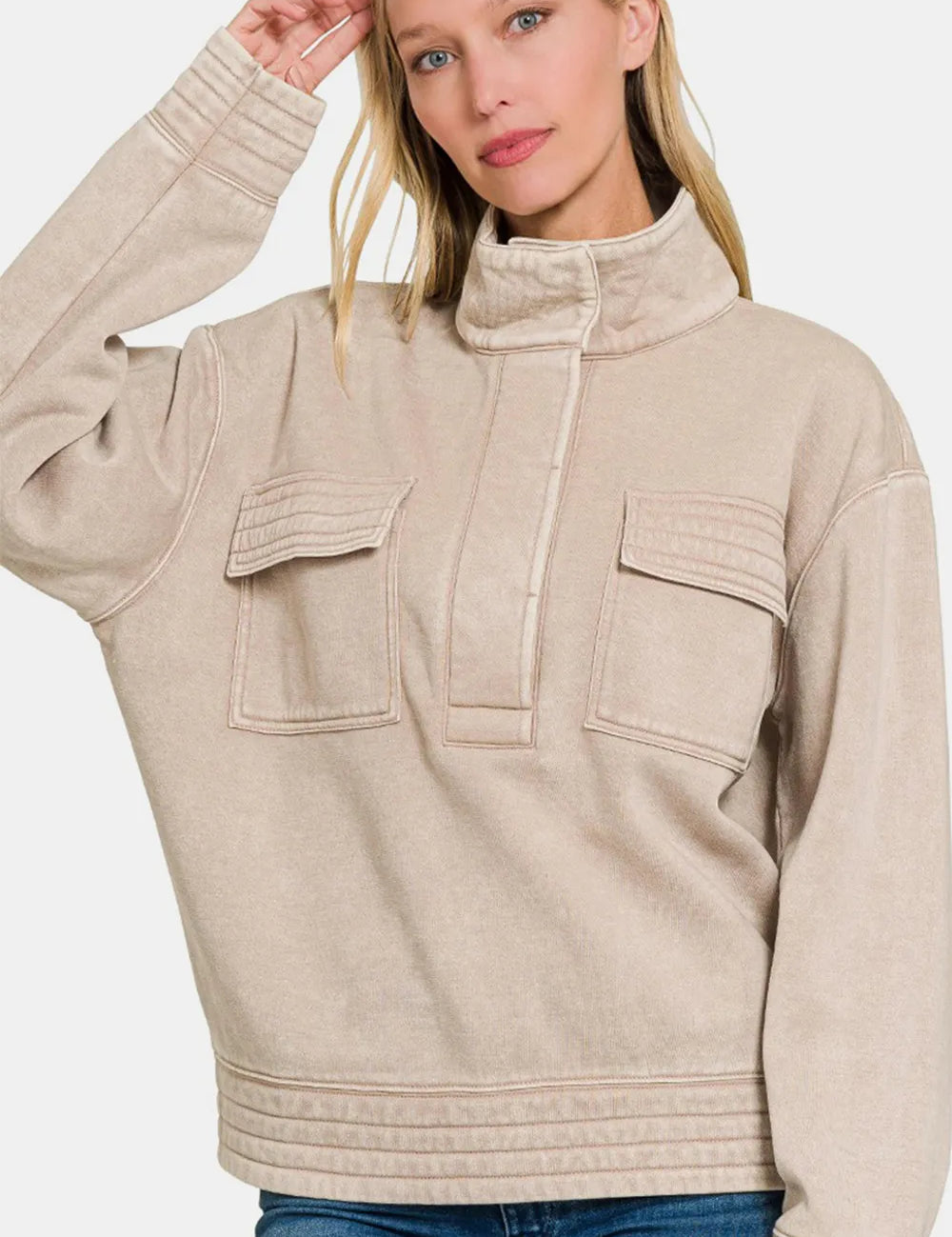 Ash Mocha S Zenana Acid Washed Half Snap Fleece Sweatshirt Ash Mocha | Sweatshirts Daverri Fashions