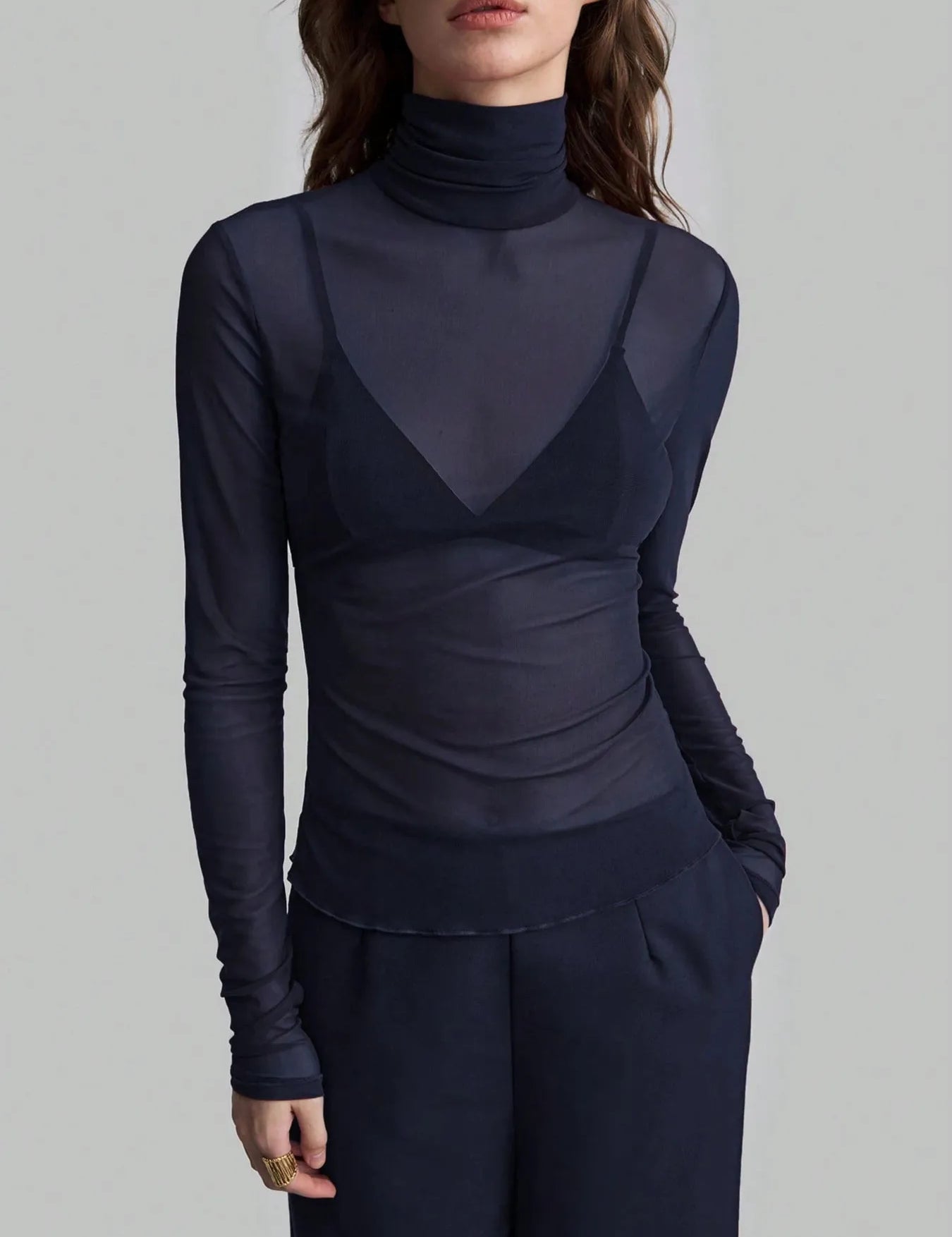 Navy Blue Turtleneck Long Sleeve Top | Tops Daverri Fashions