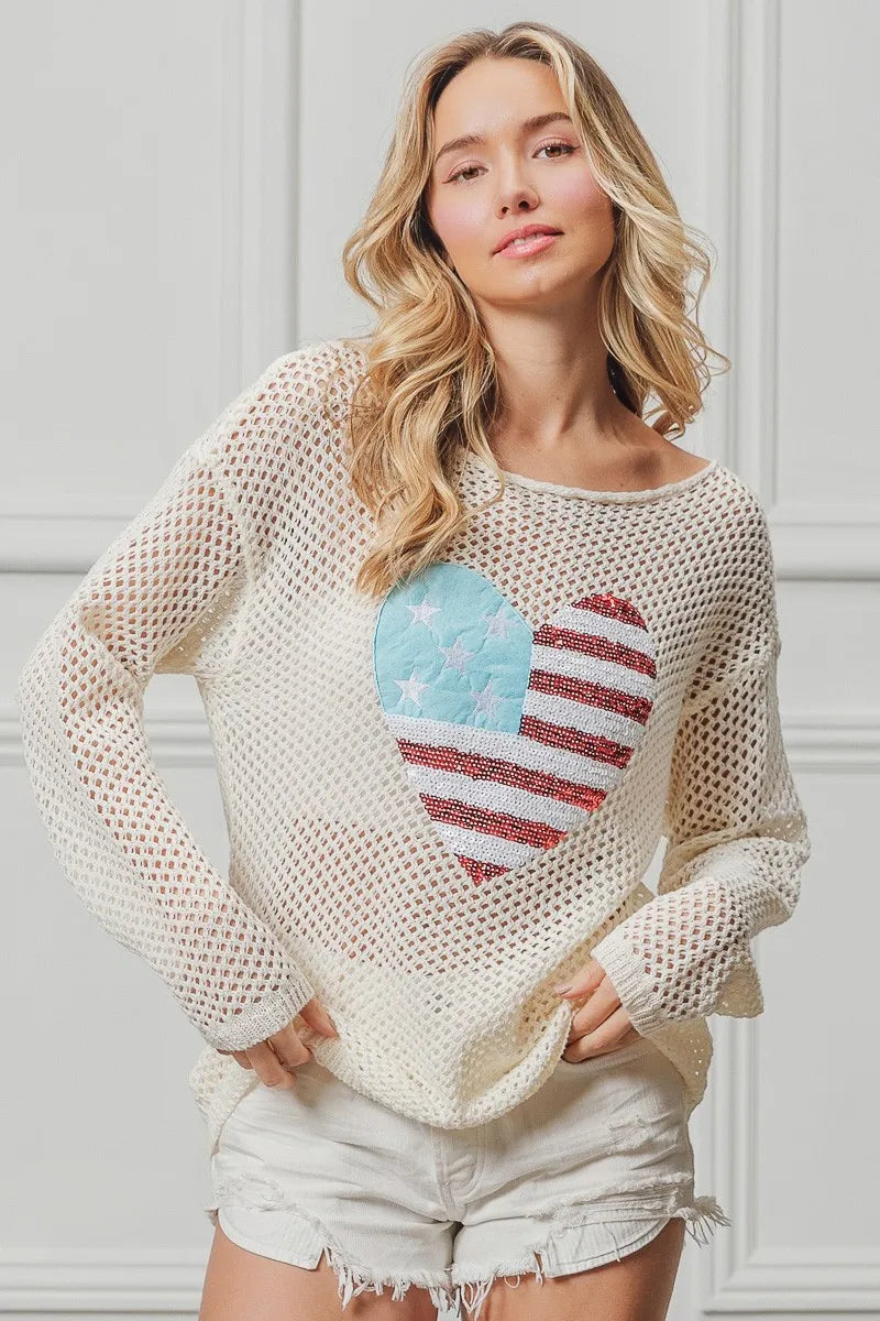 BiBi Sequin American Flag Heart Knit Cover-Up Cover-Ups