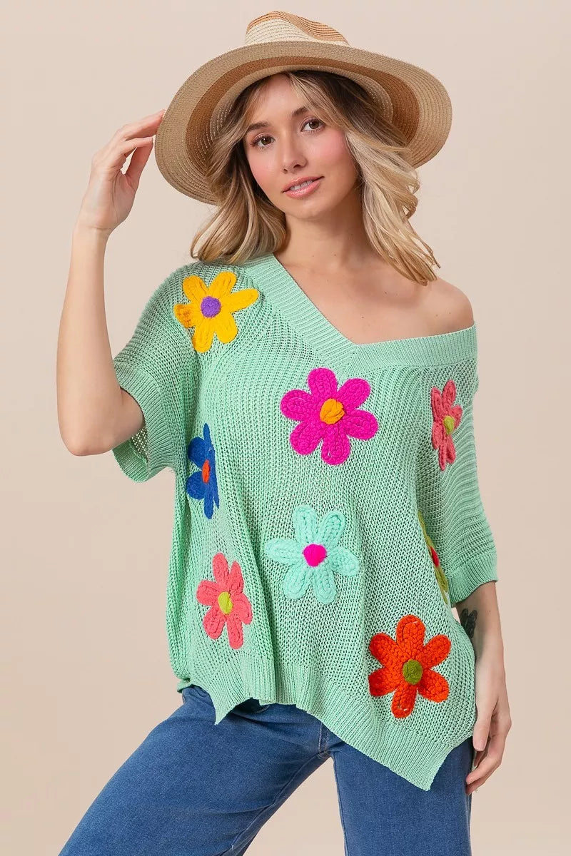BiBi Flower Patches Dolman Sleeve Lightweight Sweater | Daverri Fashions