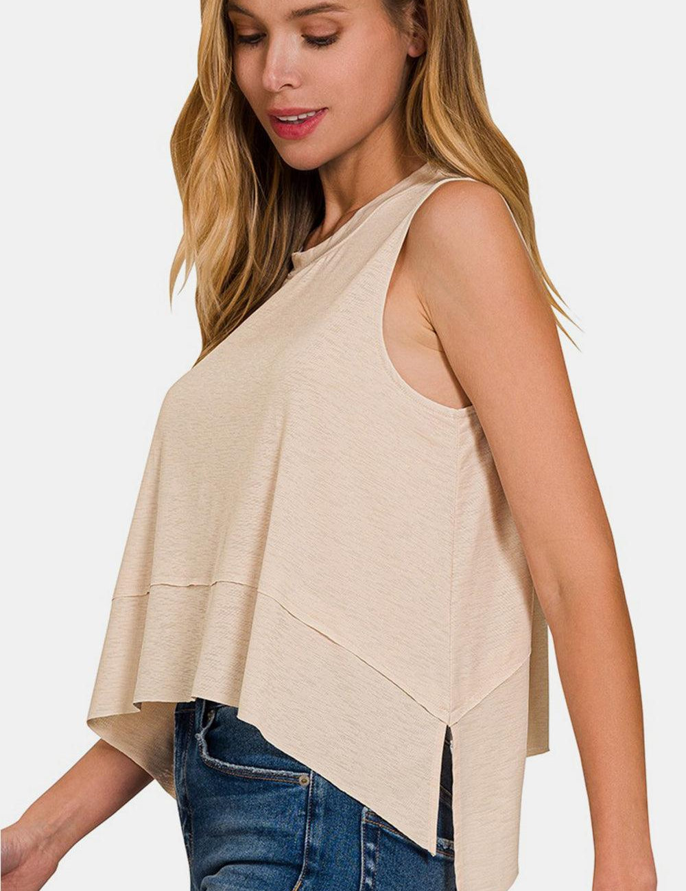 Zenana Exposed Seam Slit Round Neck Tank Tank Tops