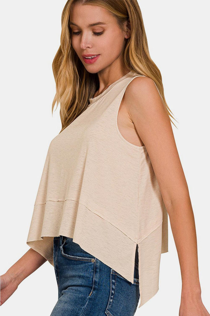 Zenana Exposed Seam Slit Round Neck Tank Tank Tops