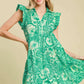 Umgee Full Size Printed Ruffle Cap Sleeve Babydoll Dress Plus Size Green L Babydoll Dresses